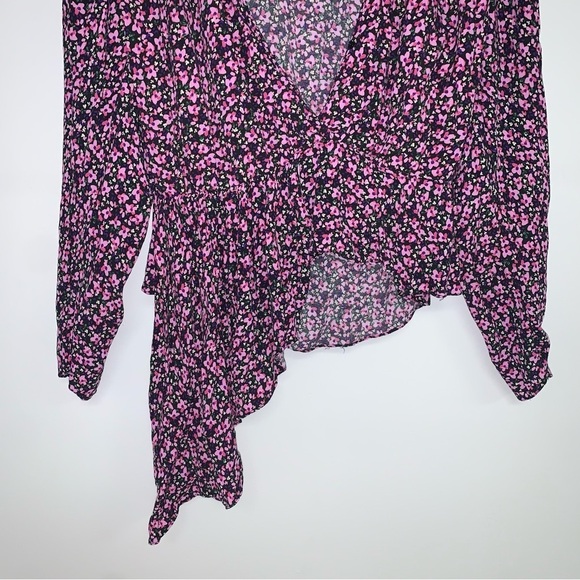 Zara Blouse Women 's Medium Black Pink Ruffle Asymmetrical Floral  Long Sleeve - Picture 5 of 11